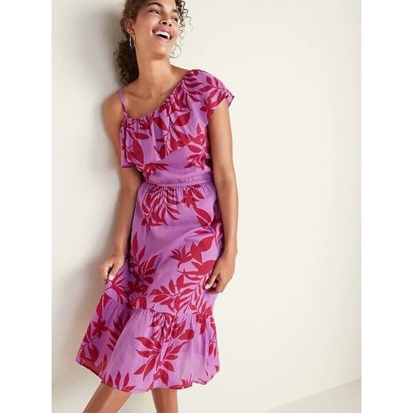 Old Navy Women’s One Shoulder Purple Tropical Hibiscus Ruffle Midi Dress L - Picture 1 of 11